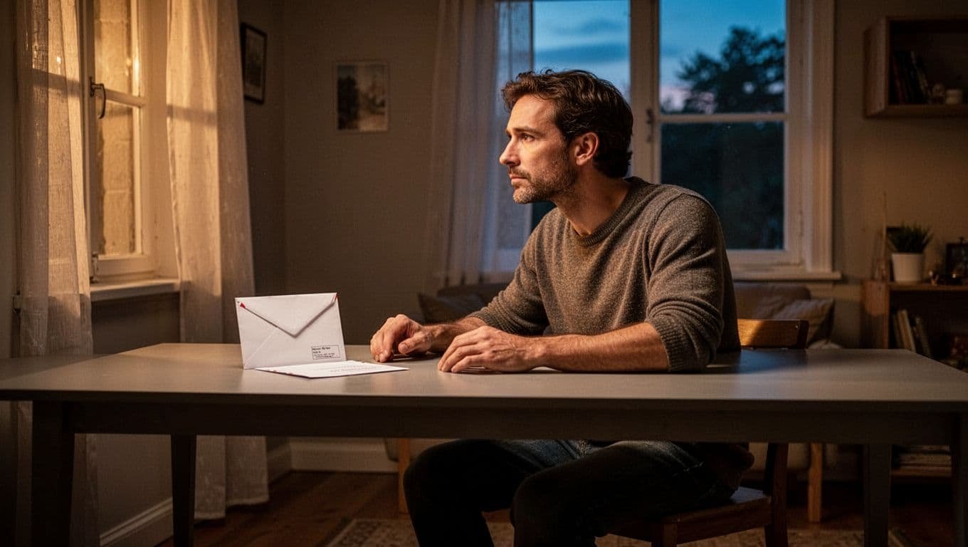 A man sits alone at a desk beside an unopened envelope in evening light.