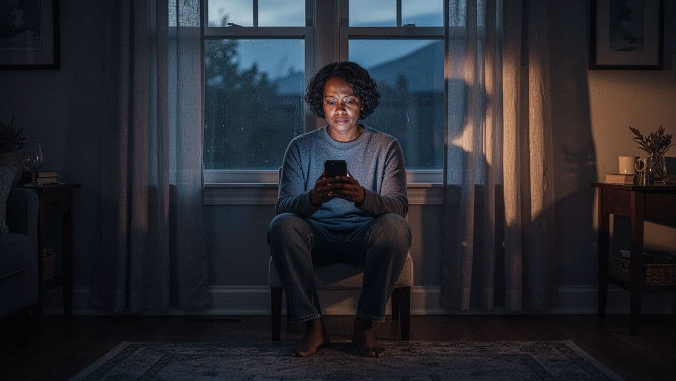 A person sits by a window, looking thoughtfully at a phone in evening light.