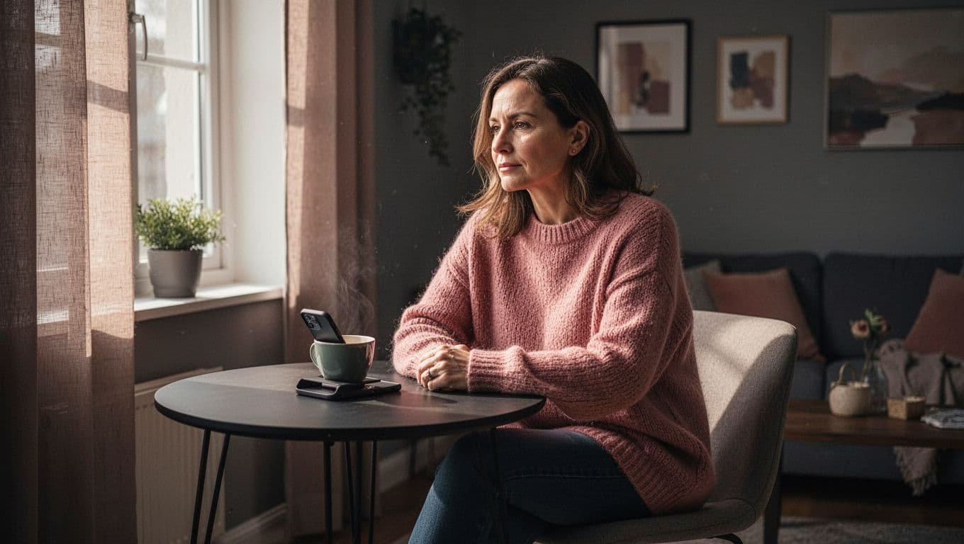 A thoughtful woman sits beside her phone and coffee in a warmly lit apartment.