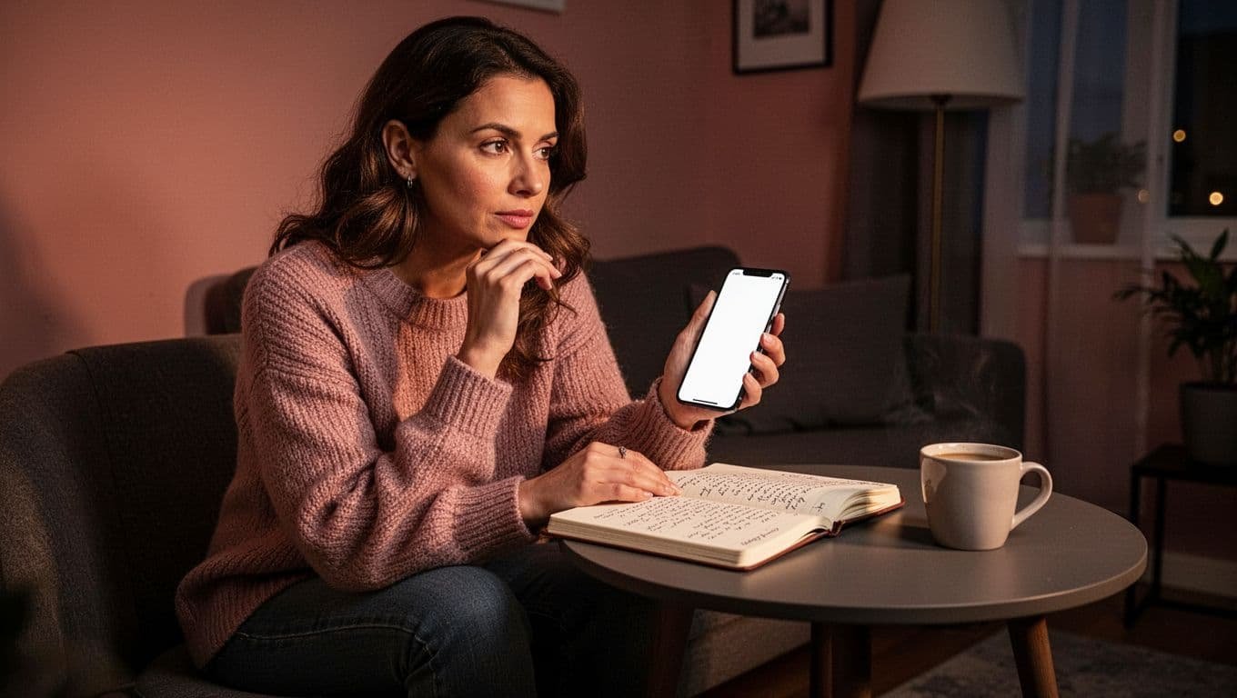 Woman pauses with her phone beside a journal and coffee in warm evening light.