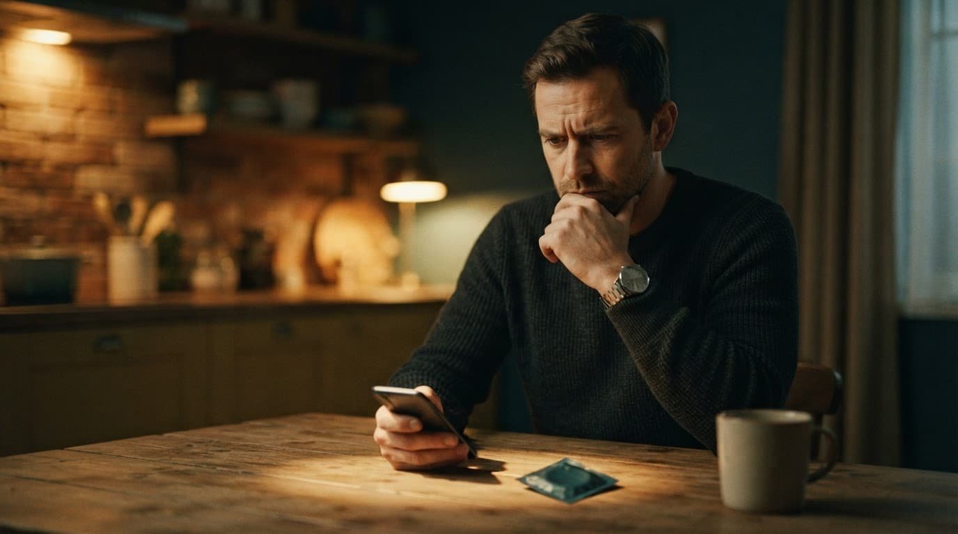 A concerned man sits at a kitchen table with a phone and folded condom package.
