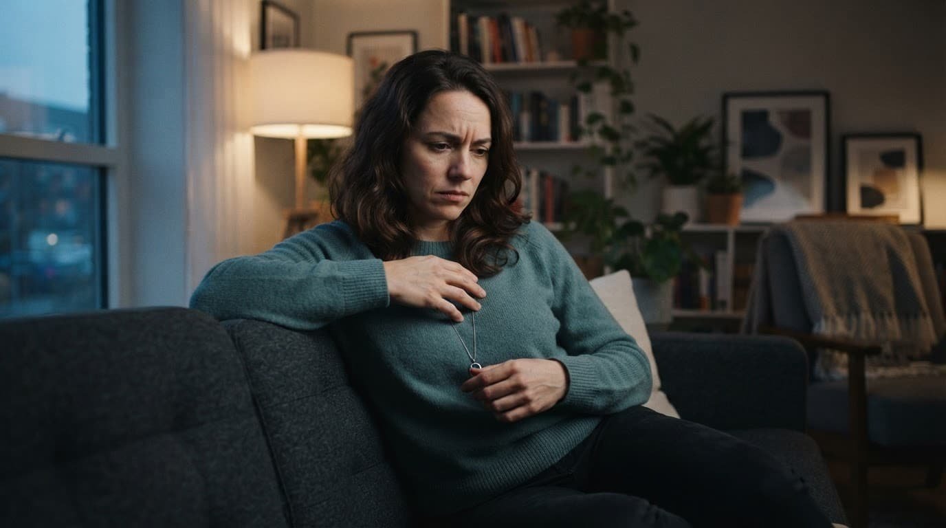 An adult sits thoughtfully on a sofa with one hand near the chest.