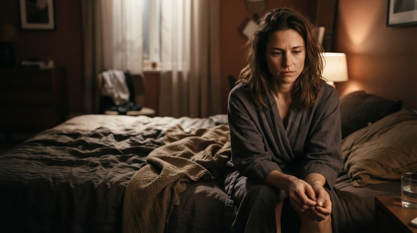 A woman in a robe sits thoughtfully on the edge of a bed.