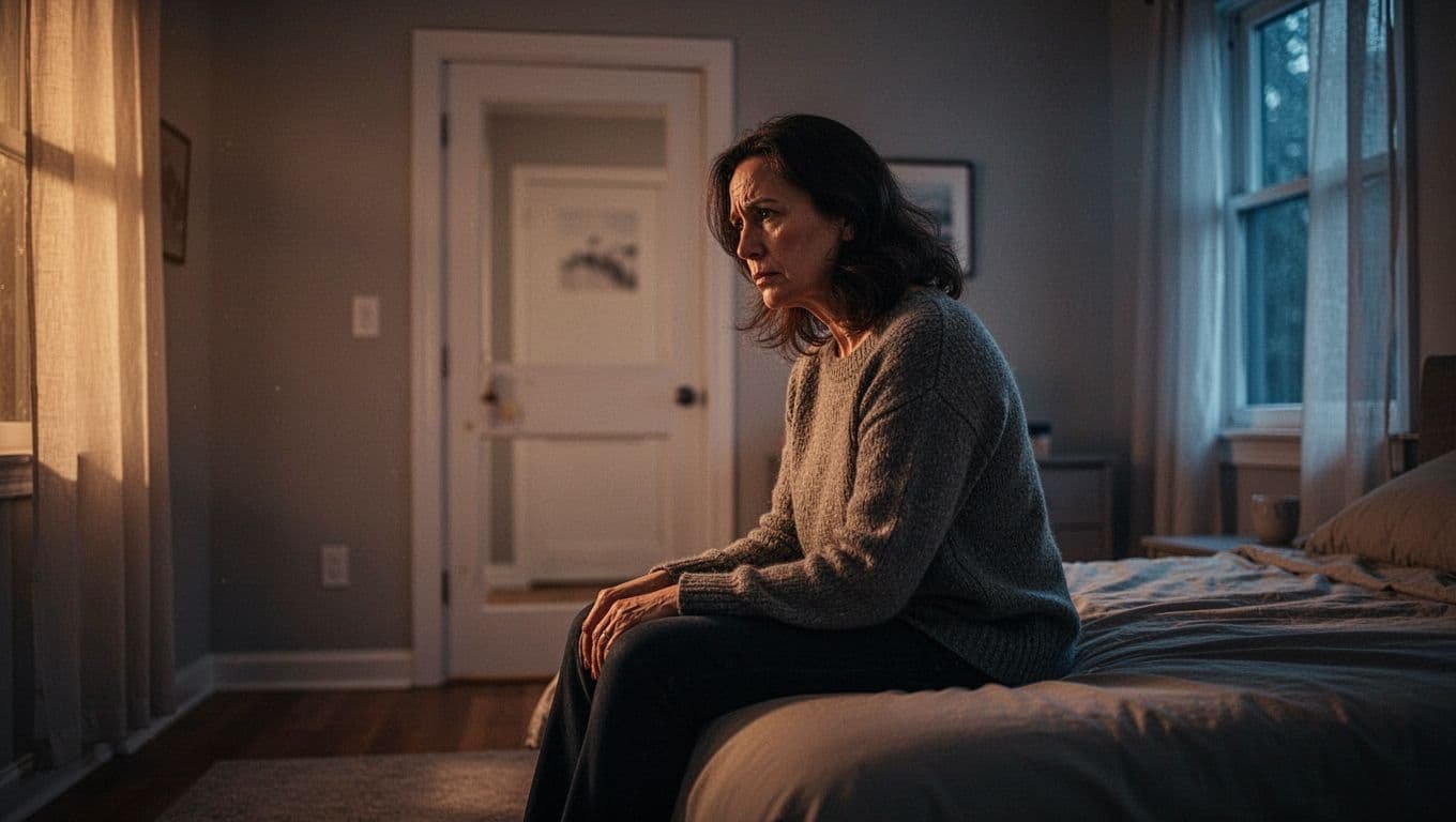 A tired woman sits alone on a bed between warm and cool light.