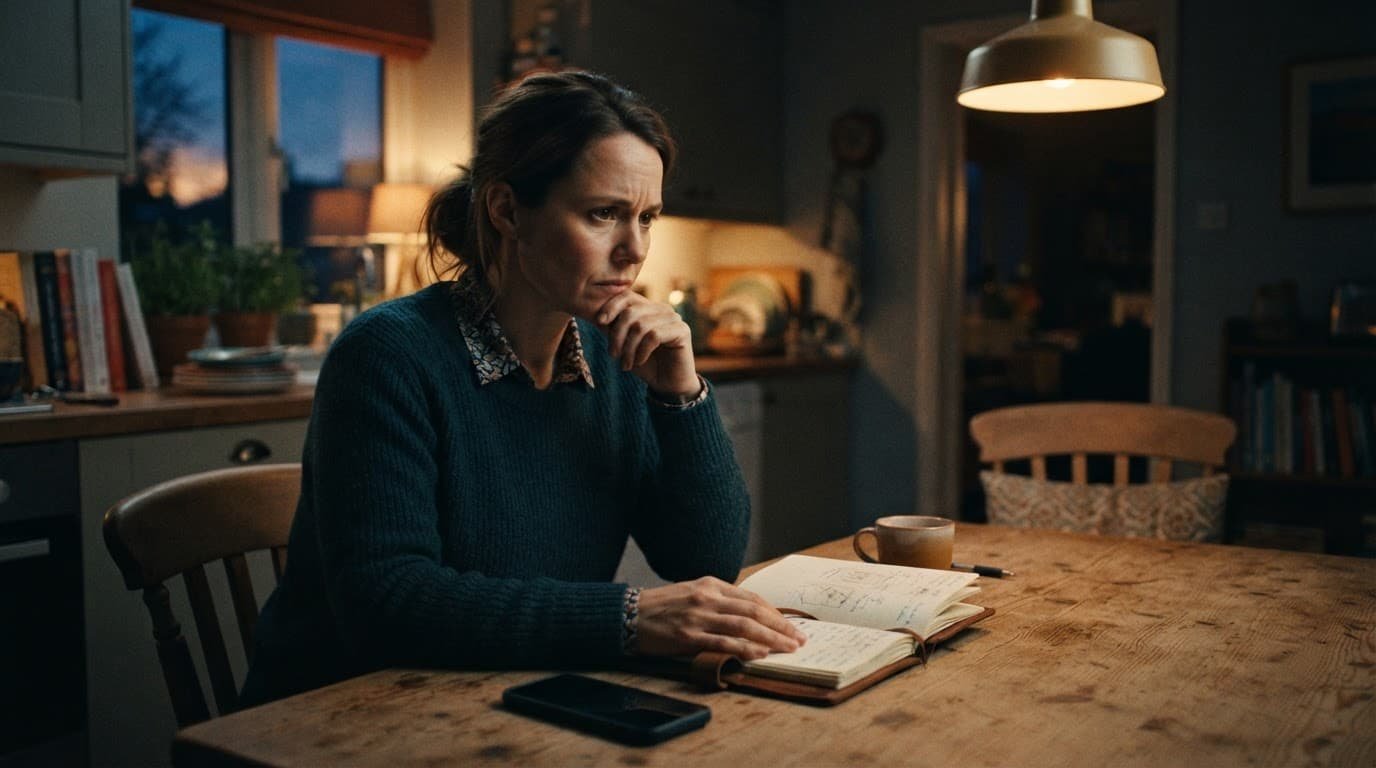 A concerned woman sits at a kitchen table with a journal and phone.