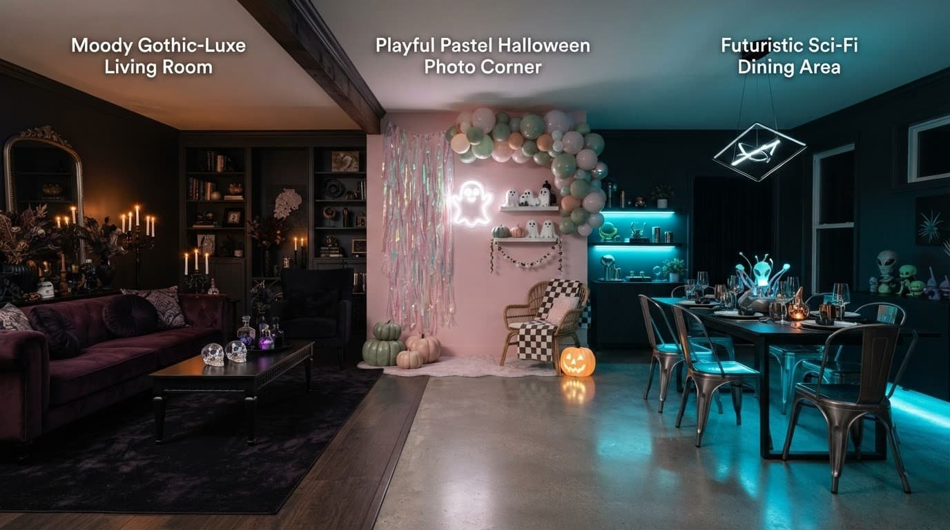 Three Halloween decor zones share a dark, elegant home interior.