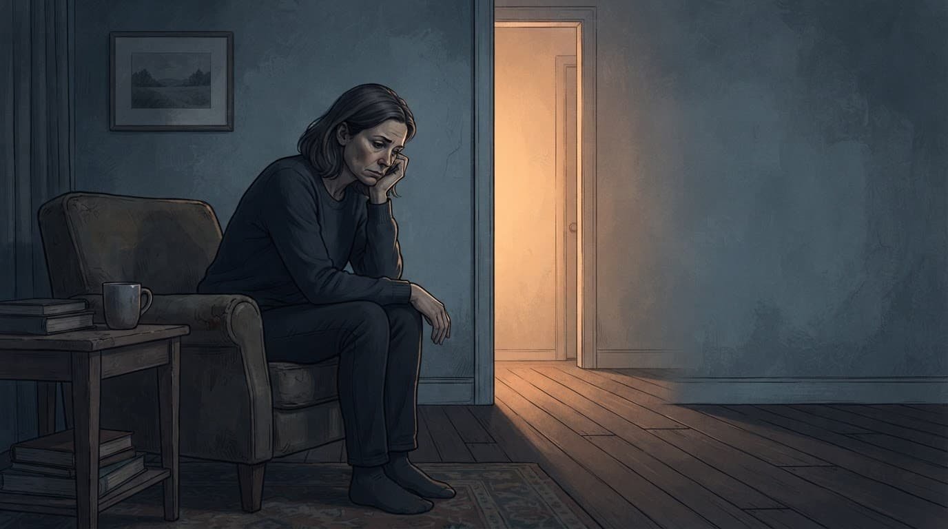 A person sits alone between cool shadows and warm doorway light.