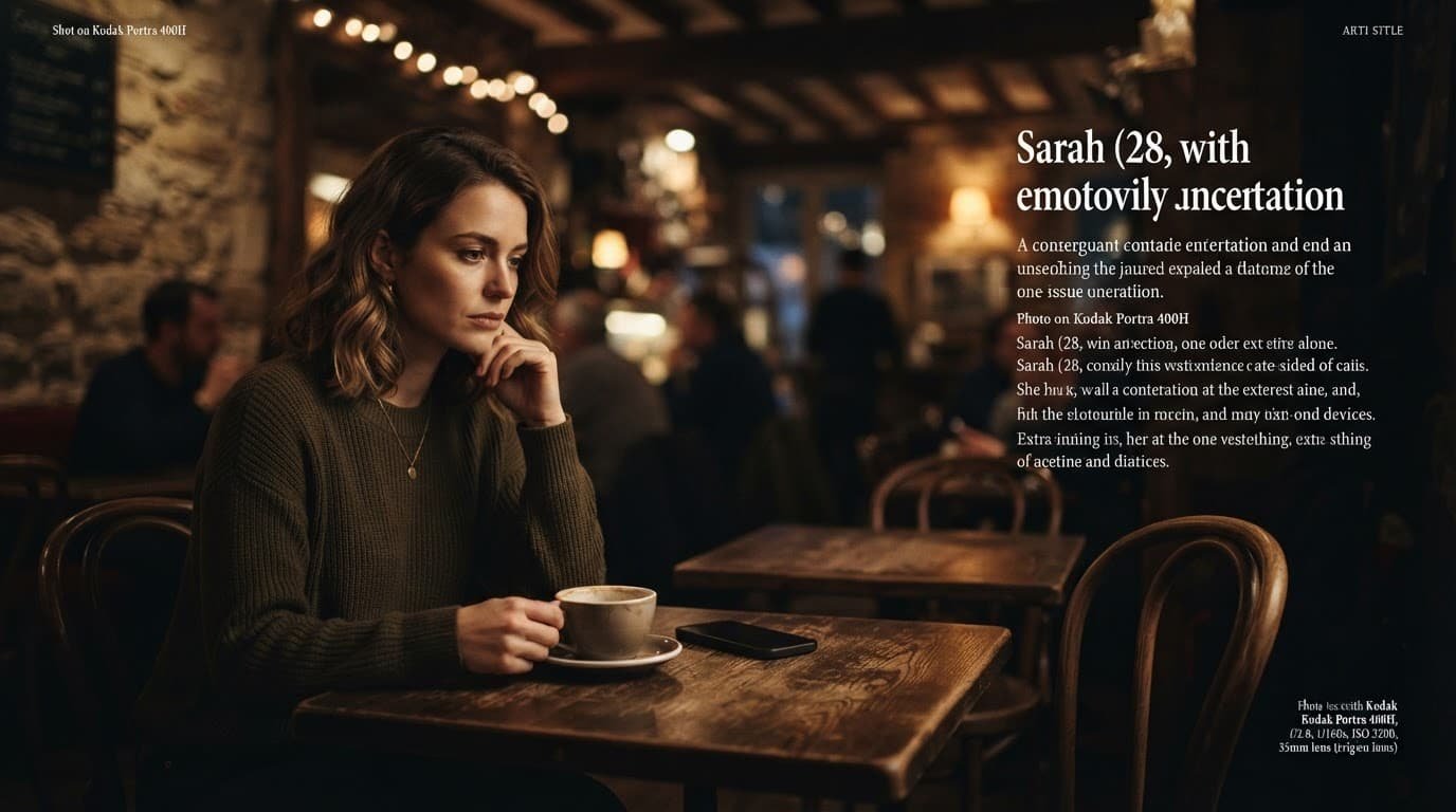 A thoughtful woman sits with her phone and coffee beside an empty chair.