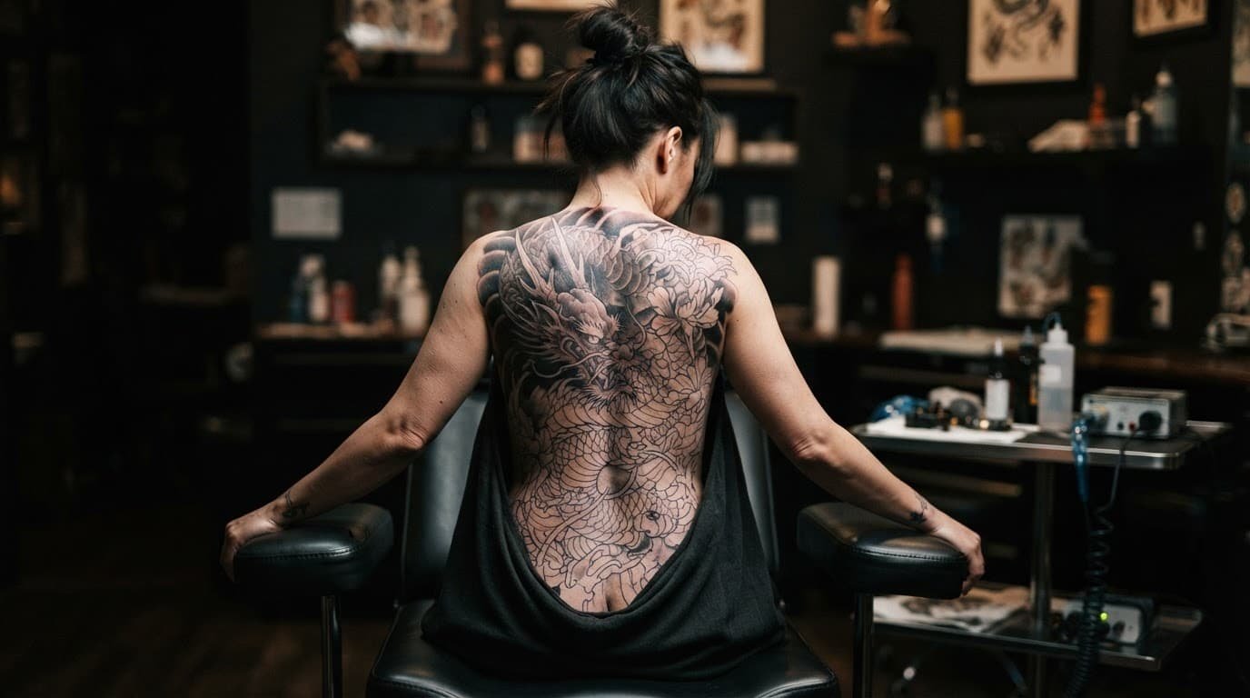Woman showing an unfinished back tattoo with stencil lines and partial shading.