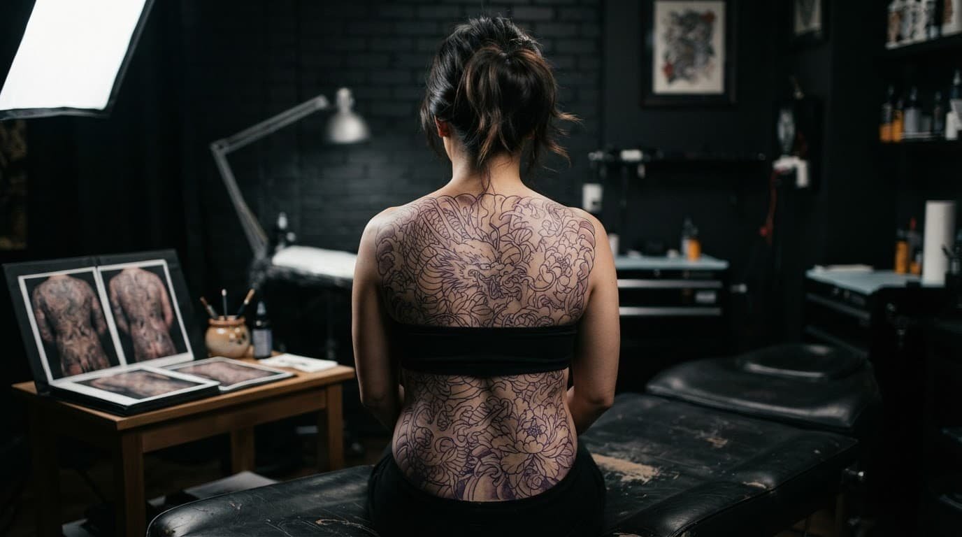 Woman showing an unfinished full-back tattoo stencil in a studio.