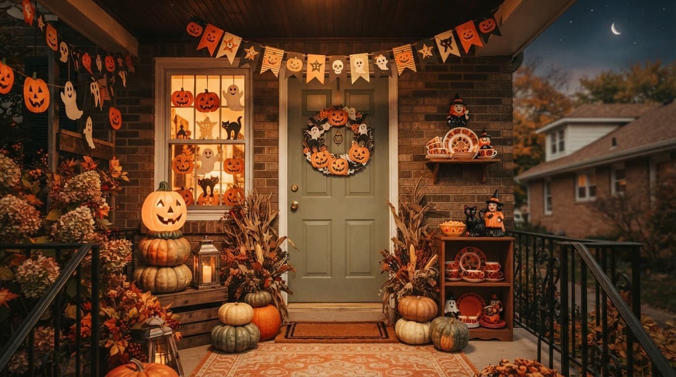 A warmly decorated porch with pumpkins, ghosts, cats, and vintage Halloween accents.