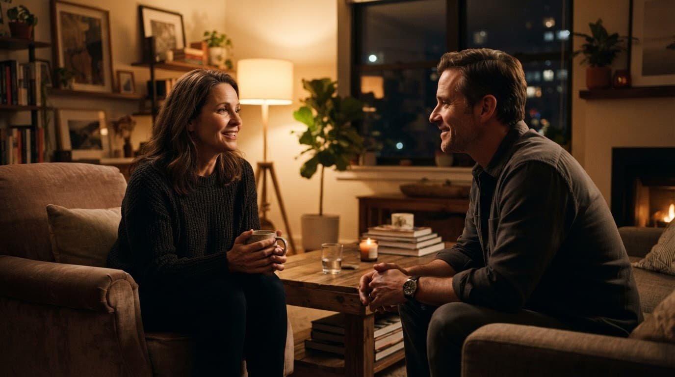 Two adults share a relaxed conversation in a warmly lit living room.