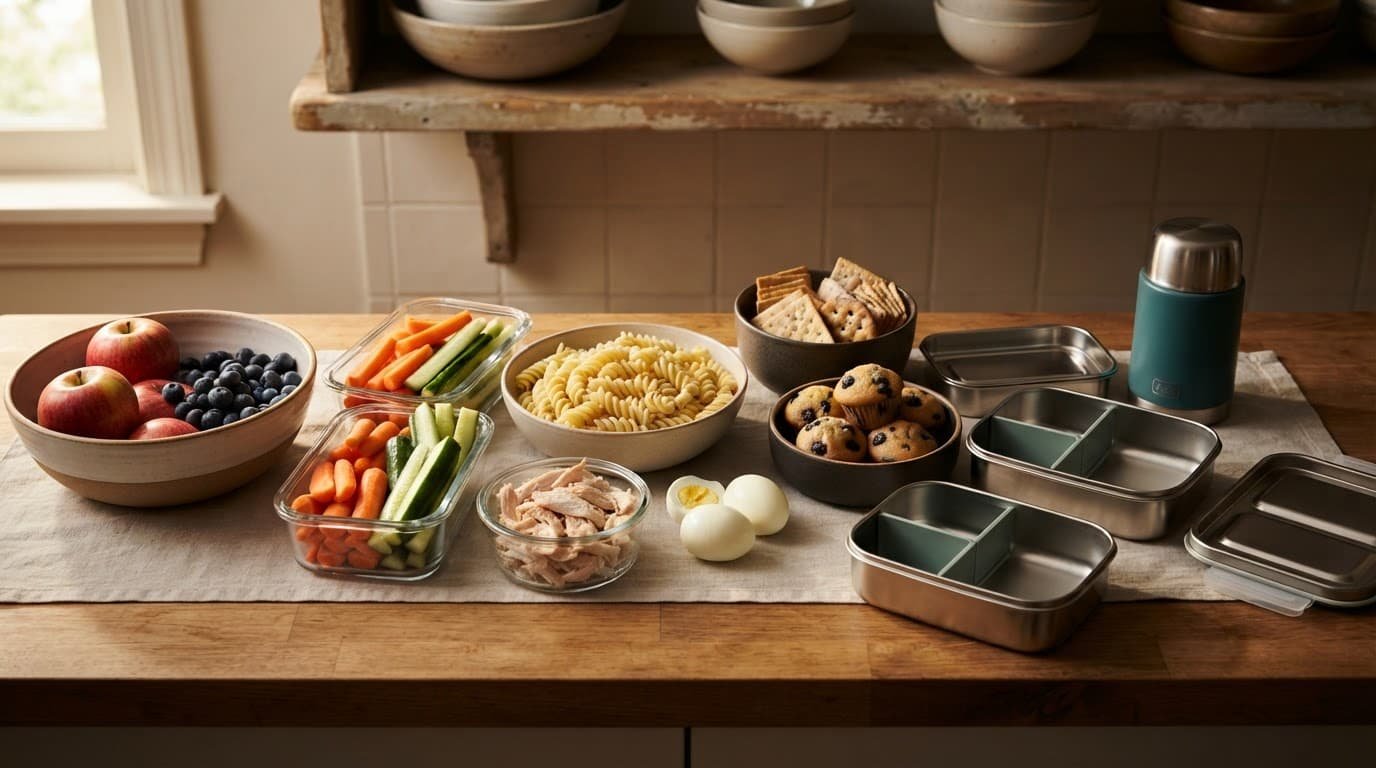 Prepared fruit, vegetables, pasta, eggs, chicken, muffins, and crackers beside lunch boxes and a thermos.