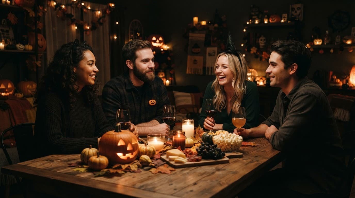 Four adults share snacks and conversation around a candlelit Halloween table.