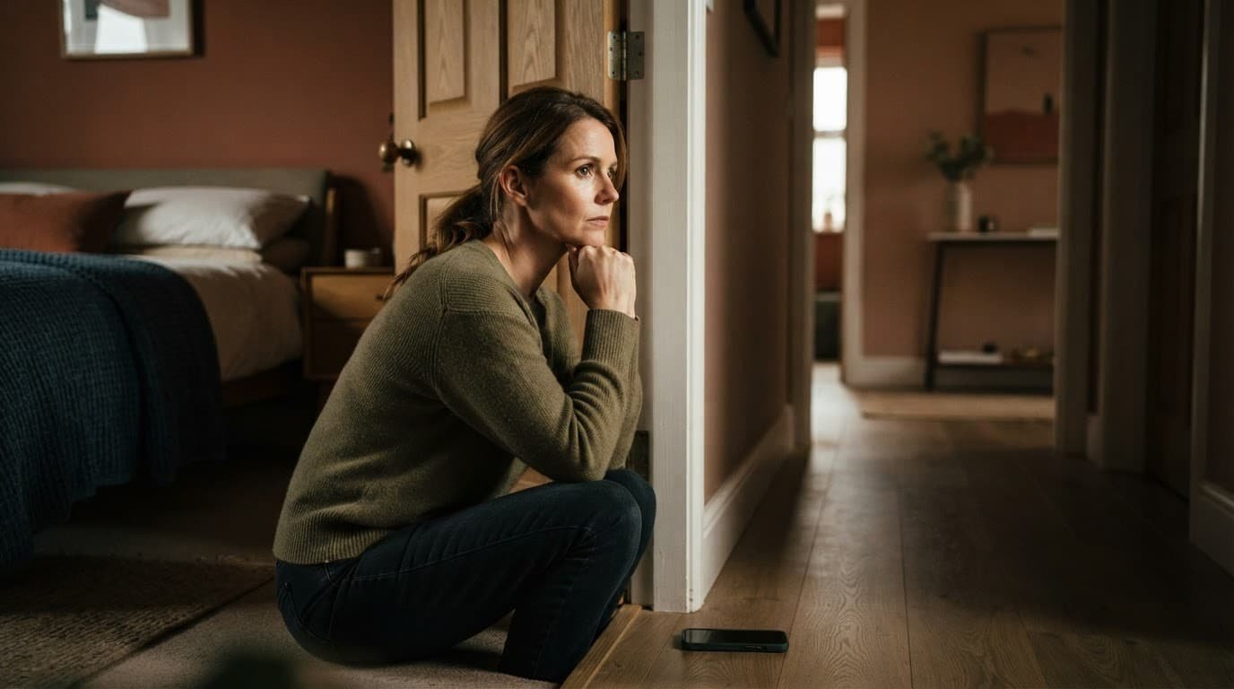 Alert woman sits by a bedroom doorway with a phone nearby and a clear way out.