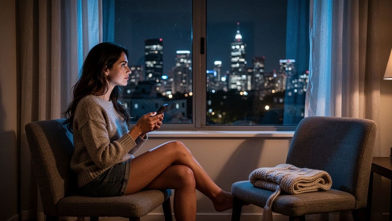 A woman holds her phone by a window, with city lights and an empty seat beside her.