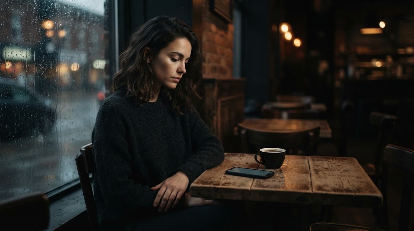 A woman looks at her phone beside coffee while rain falls outside the cafe window.