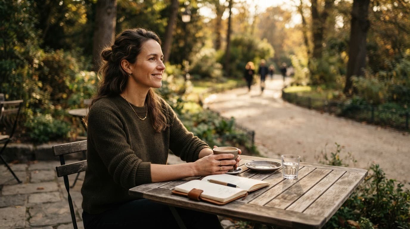 Woman journaling beside coffee at a quiet park cafe.