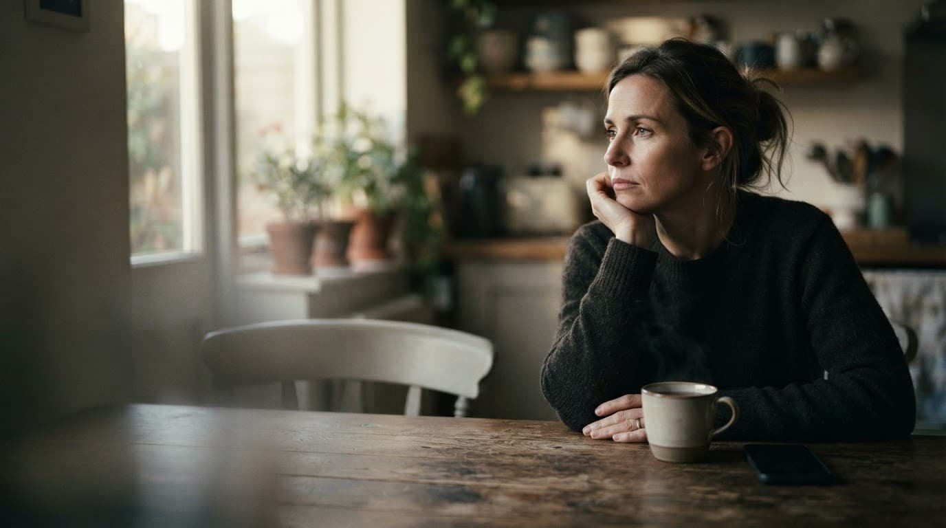A woman sits alone with tea and a face-down phone beside an empty chair.