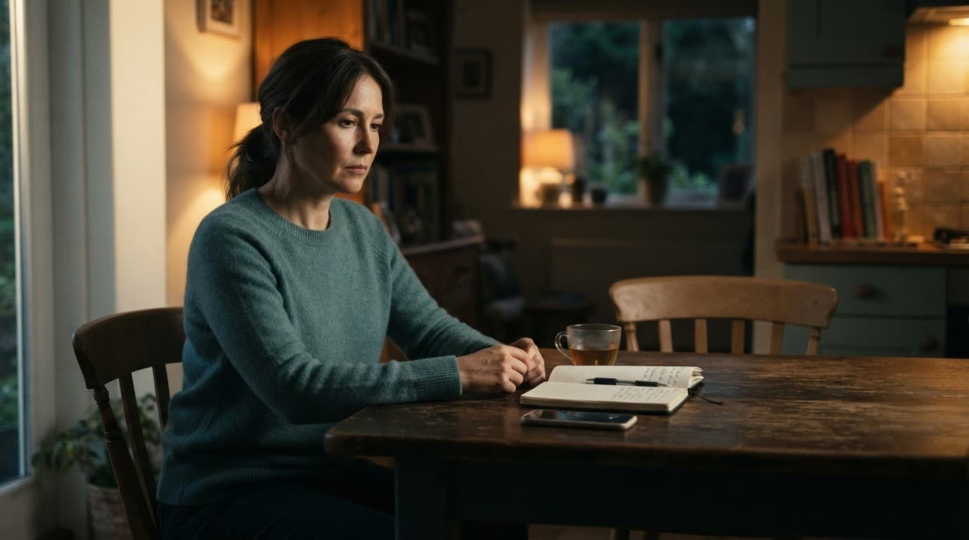 A serious woman sits at a kitchen table beside a notebook and phone.
