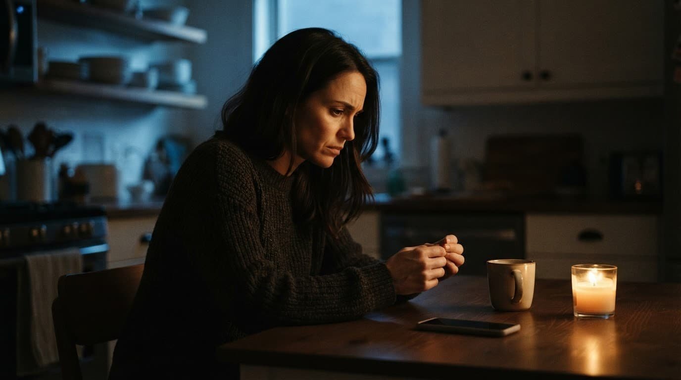 A tense woman sits alone at a kitchen table beside a face-down phone.