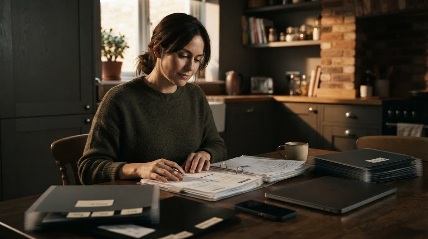 Woman reviewing financial folders beside a phone and laptop at a kitchen table.