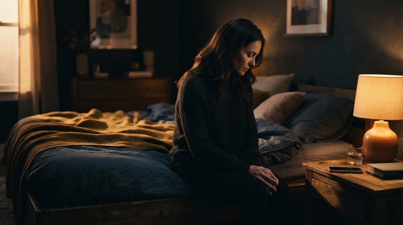 Woman sitting on a bed beside a phone in a softly lit bedroom.