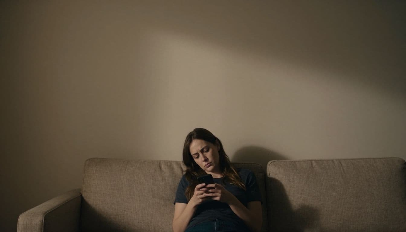 A thoughtful woman sits alone with her phone beside her in a dim, warm room.