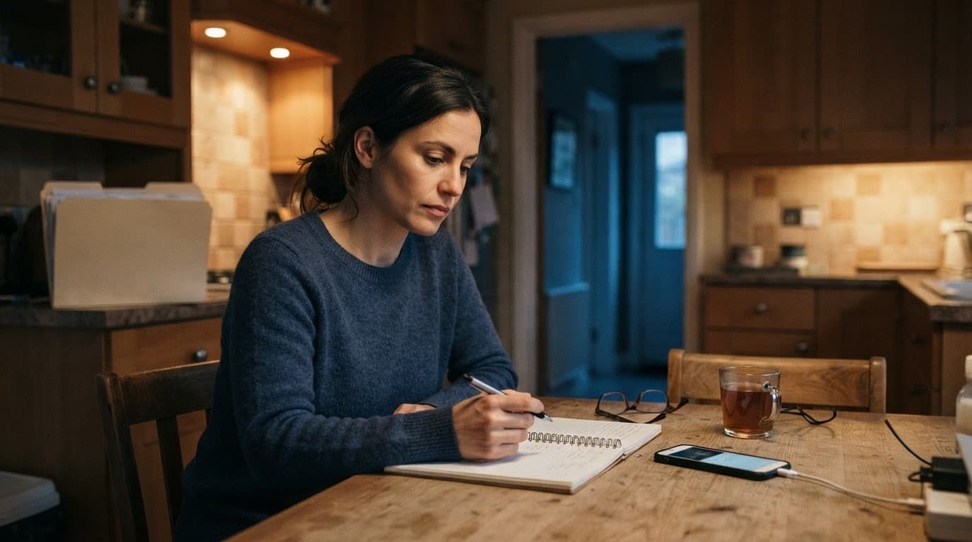 A woman writes at a kitchen table beside a phone and packed folder.
