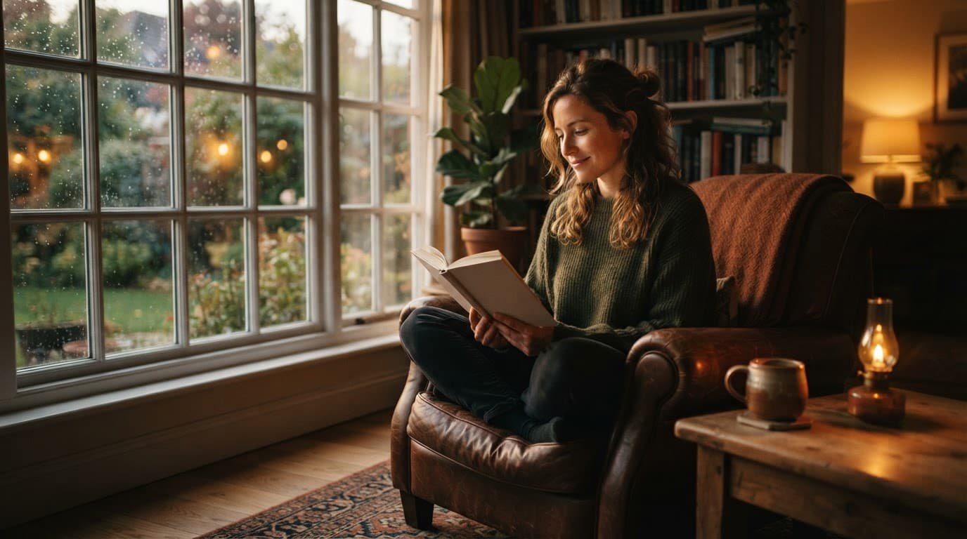Woman reading alone by a window with a cup of tea nearby.
