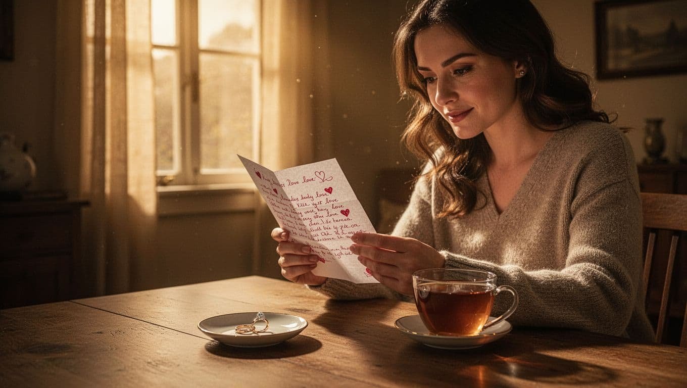 A woman reads a love letter beside a wedding ring dish and warm tea.