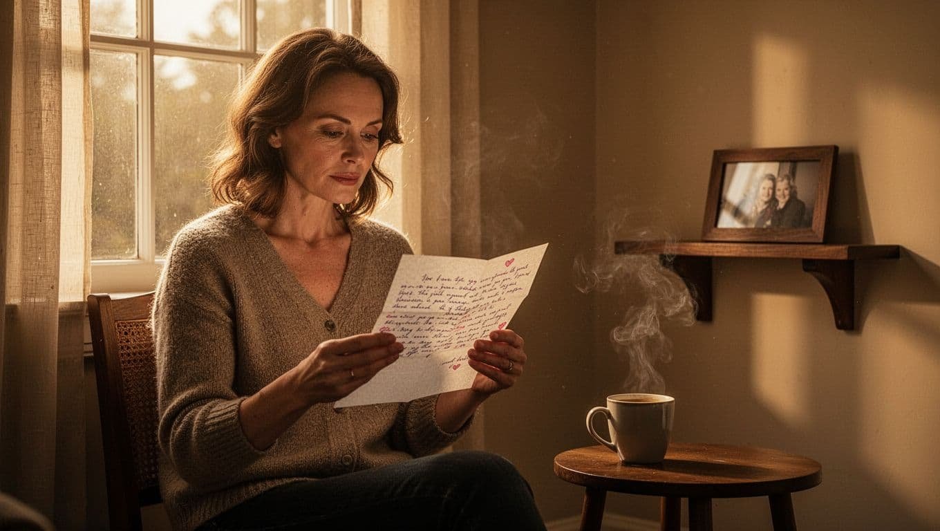 Woman reading a love letter beside a window with coffee and a framed photo.