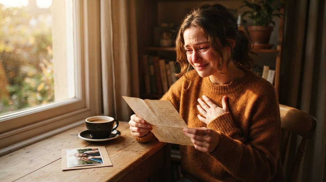 A woman reads a love note beside coffee and a small photograph in golden window light.