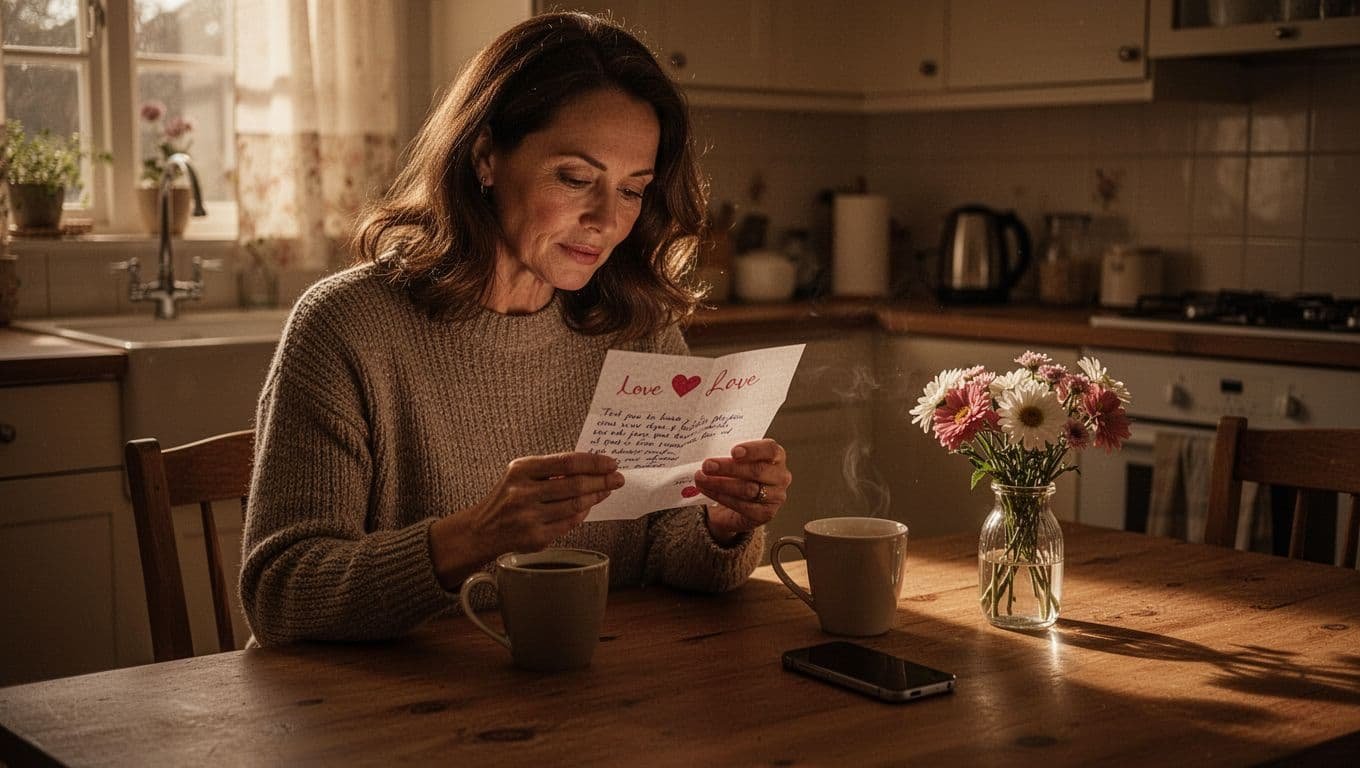 A woman reads a love note at a kitchen table with coffee and flowers nearby.