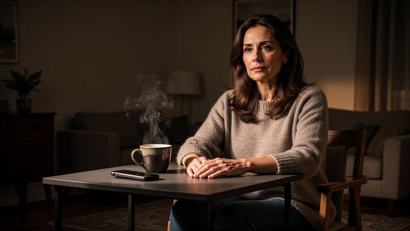 Woman sitting calmly at a table with her phone and coffee.