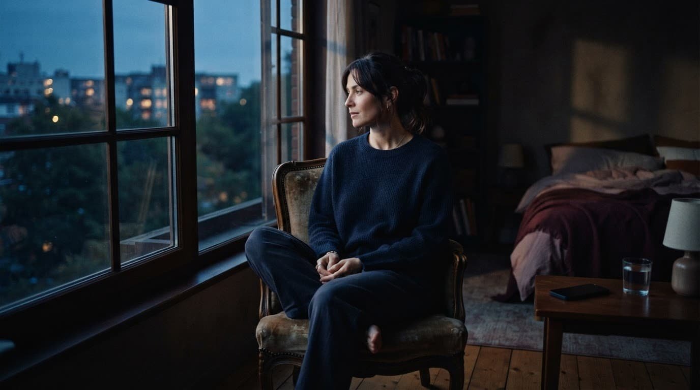 A woman sits by a bedroom window as an untouched phone rests on a nearby table.