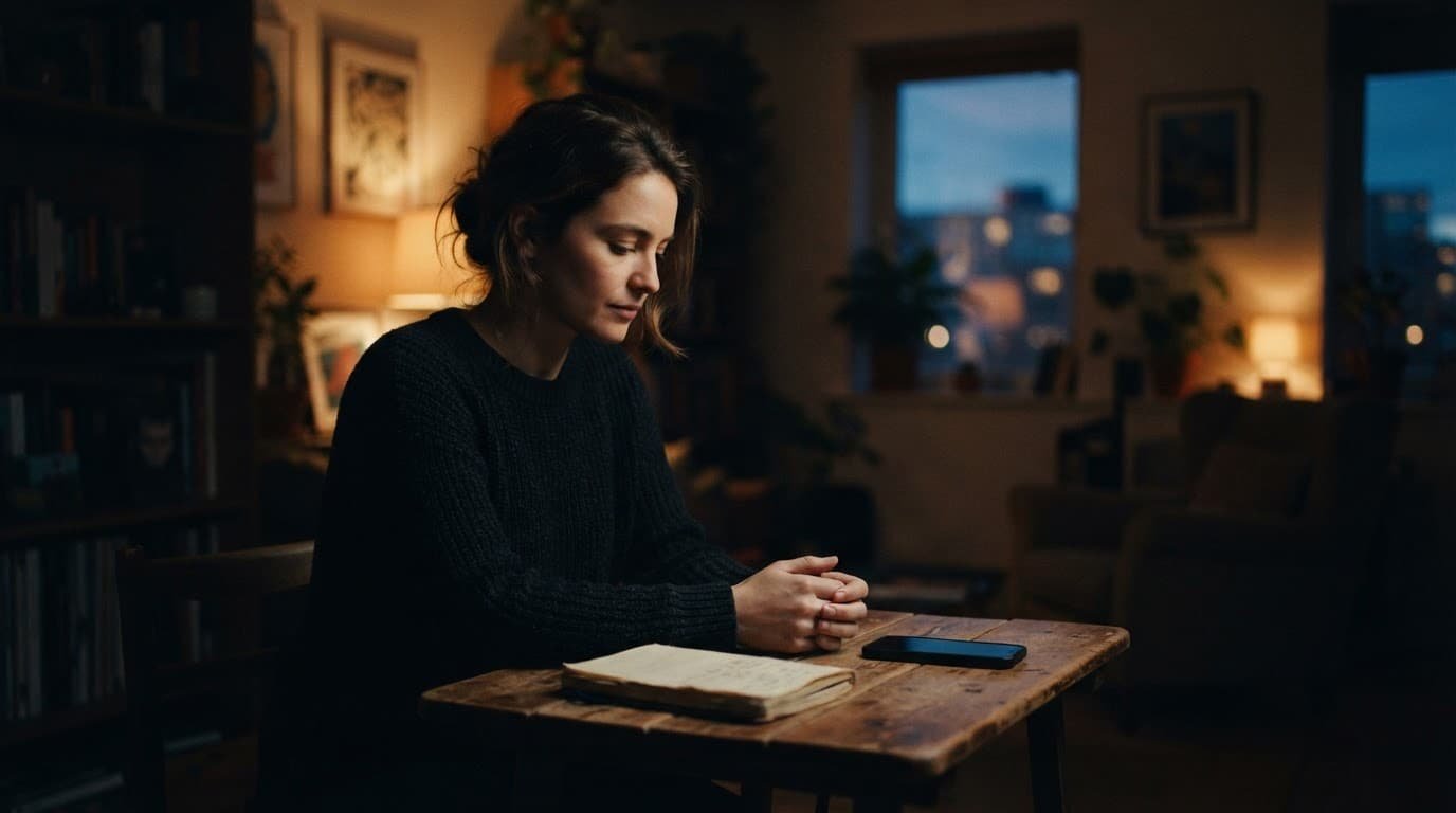 A woman sits alone with a face-down phone and notebook at a small table.