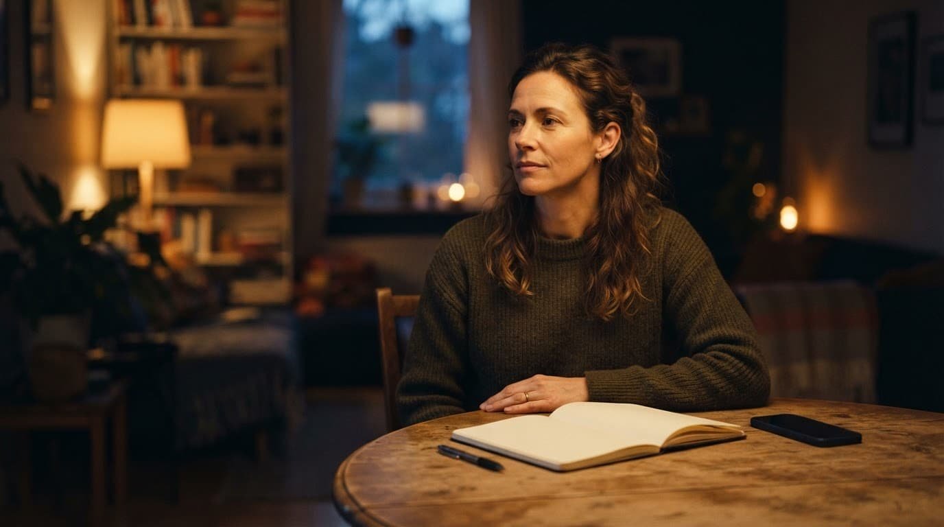 A woman sits at a table beside a phone and blank notebook in warm evening light.