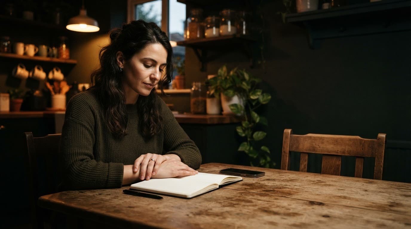 A woman reflects at a kitchen table beside a journal and an empty chair.