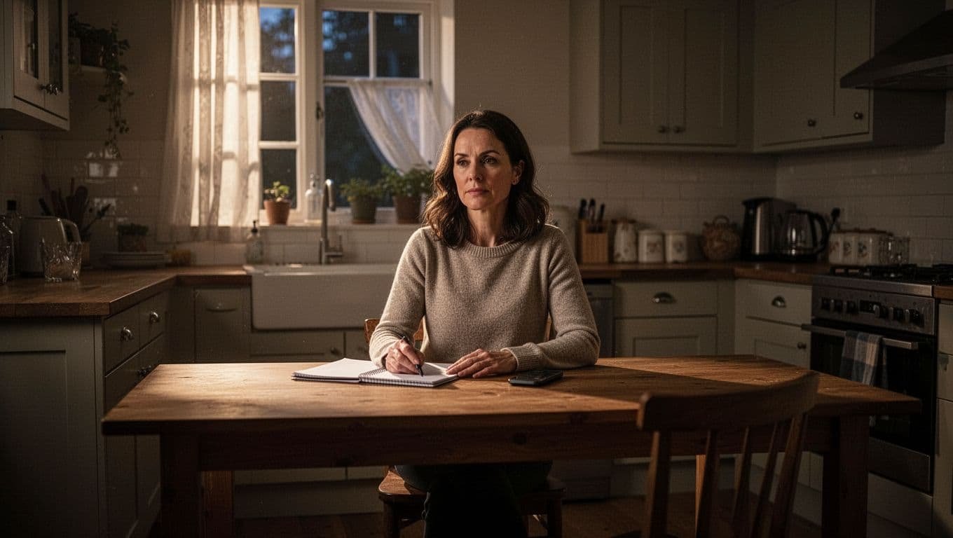 A woman sits at a kitchen table with a notebook and phone in warm evening light.