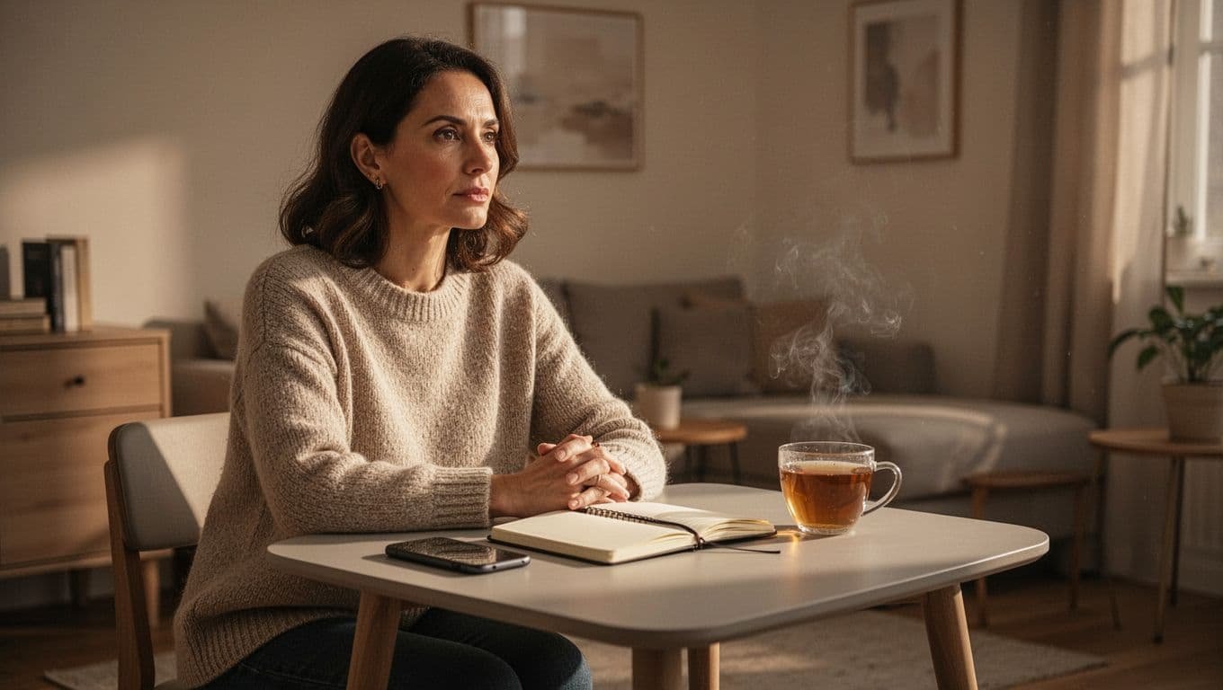 A woman sits at a table with a phone, open journal, and tea.