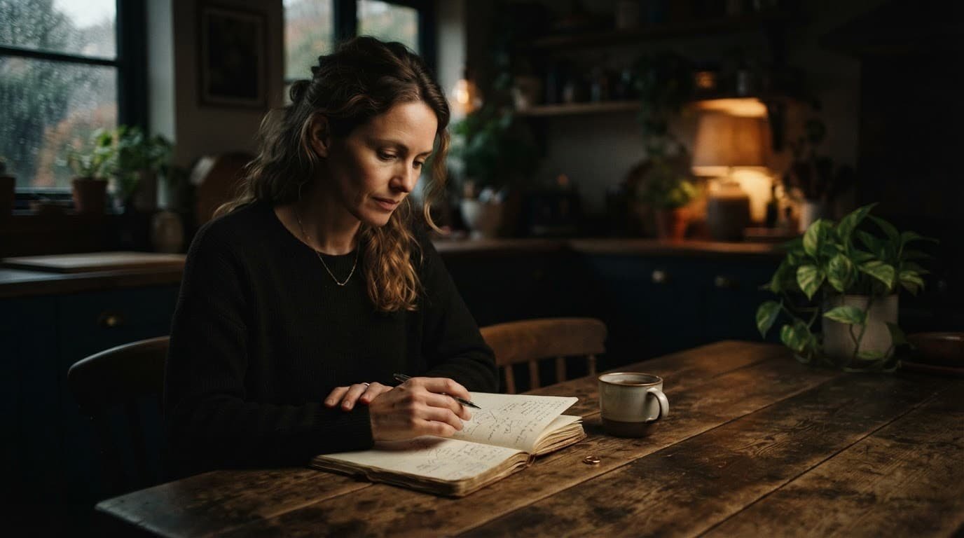A woman reviews a notebook beside her wedding ring at a kitchen table.