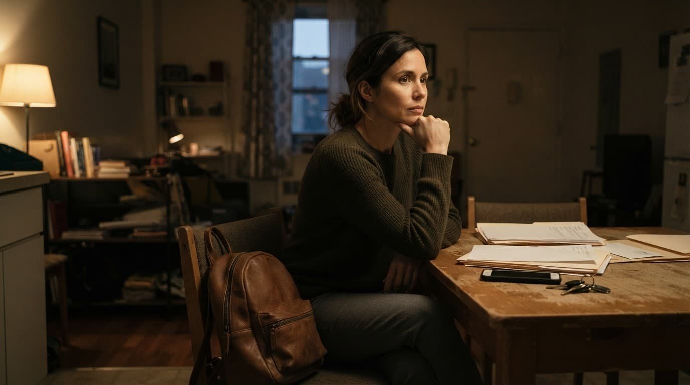 An alert woman sits beside a packed bag with documents, a phone, and keys nearby.