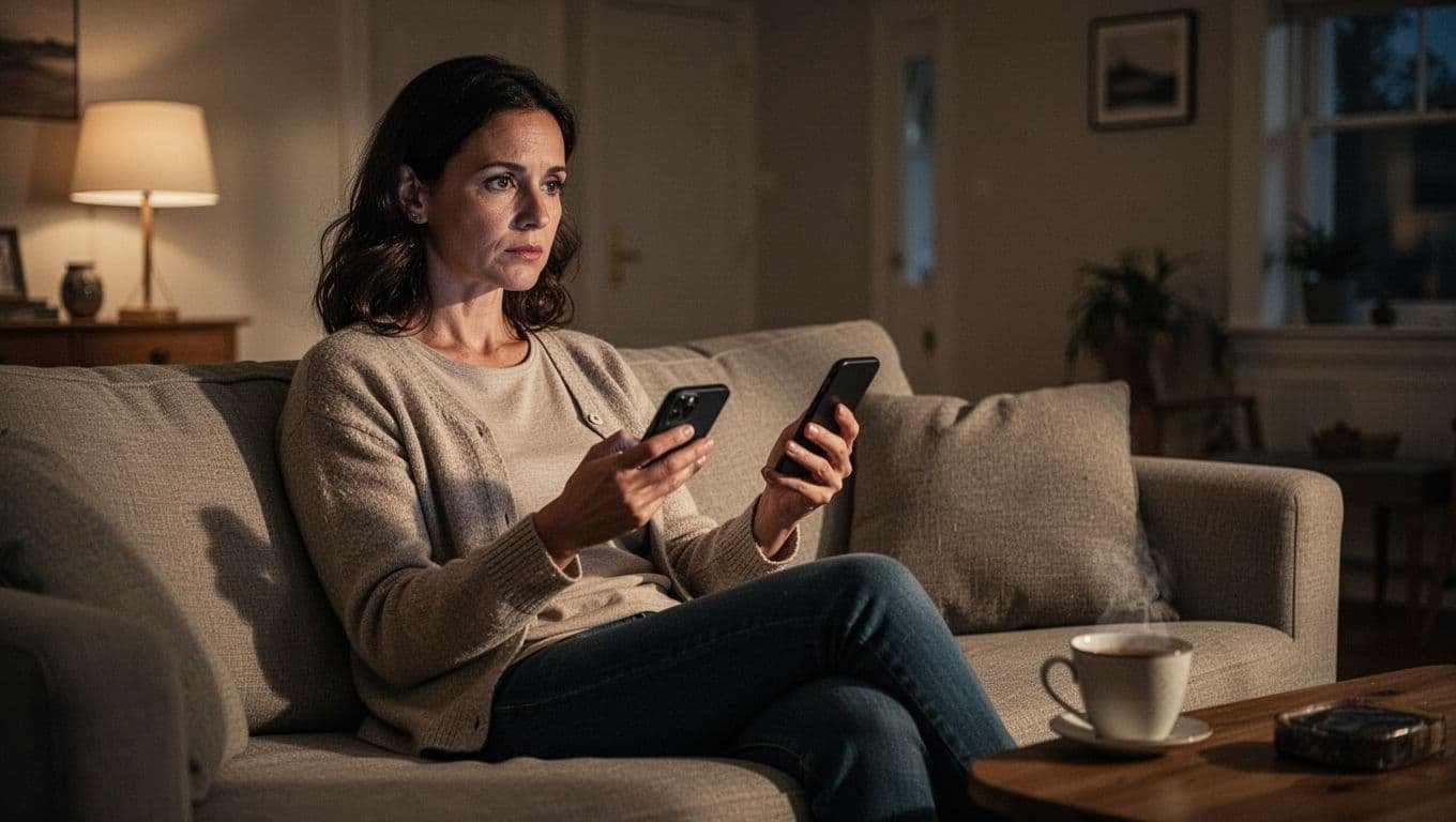 Woman holding a smartphone on a sofa beside a cup of tea.