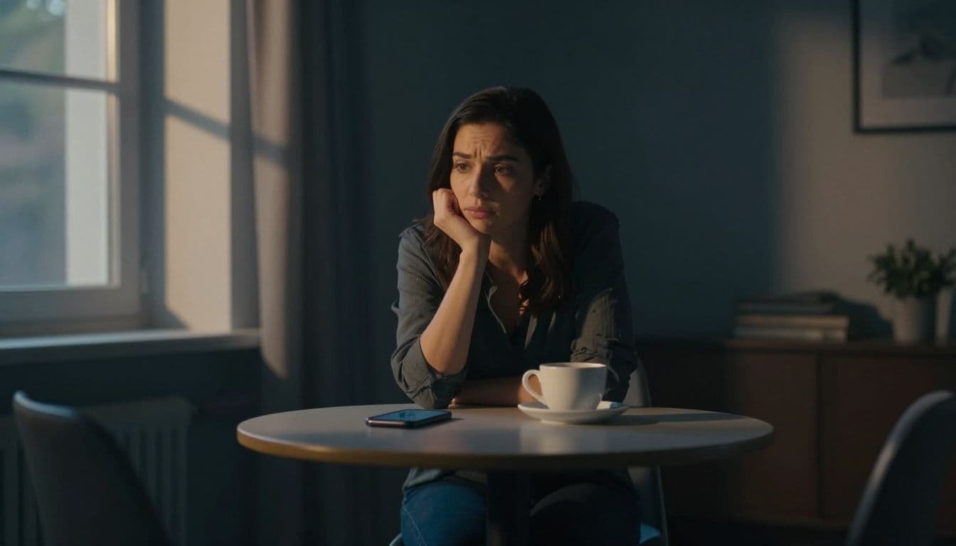 A thoughtful woman sits beside her phone and coffee in a dim apartment.