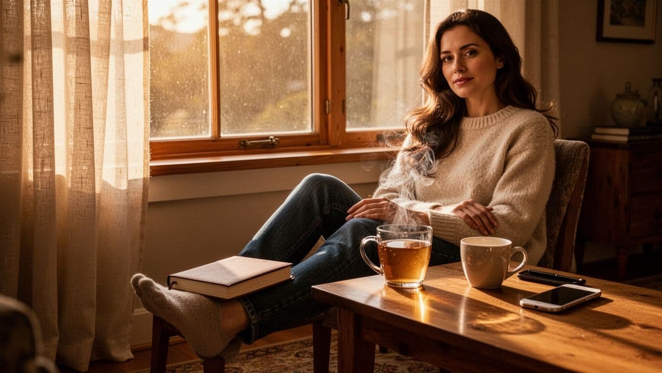 A woman sits by a warm window with a phone, journal, and tea nearby.