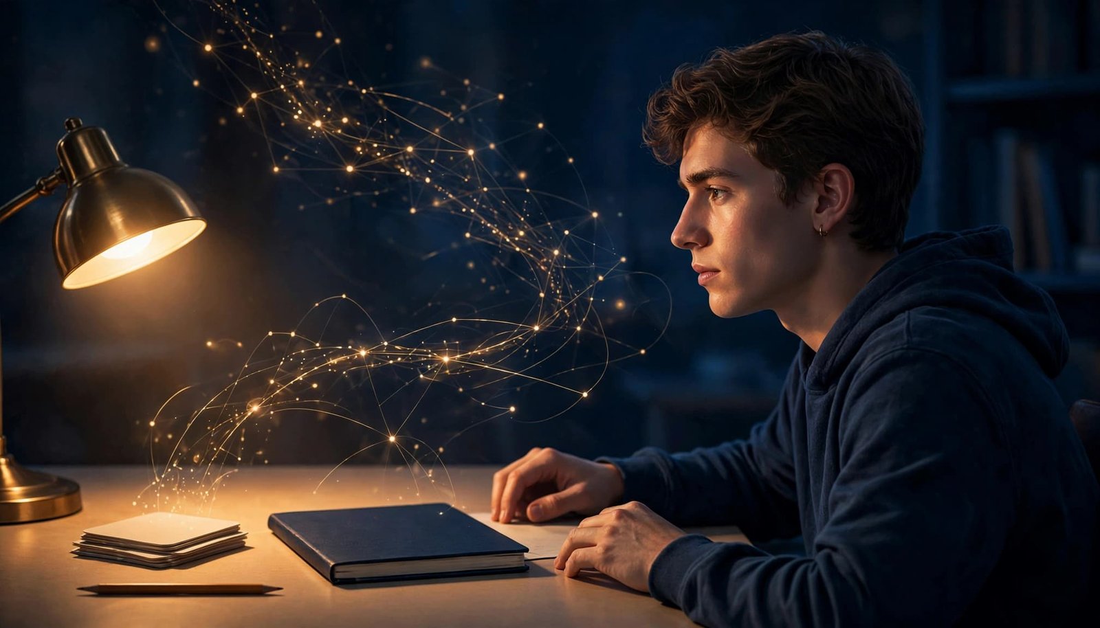 A student pauses over a closed notebook as glowing connections suggest memory recall.