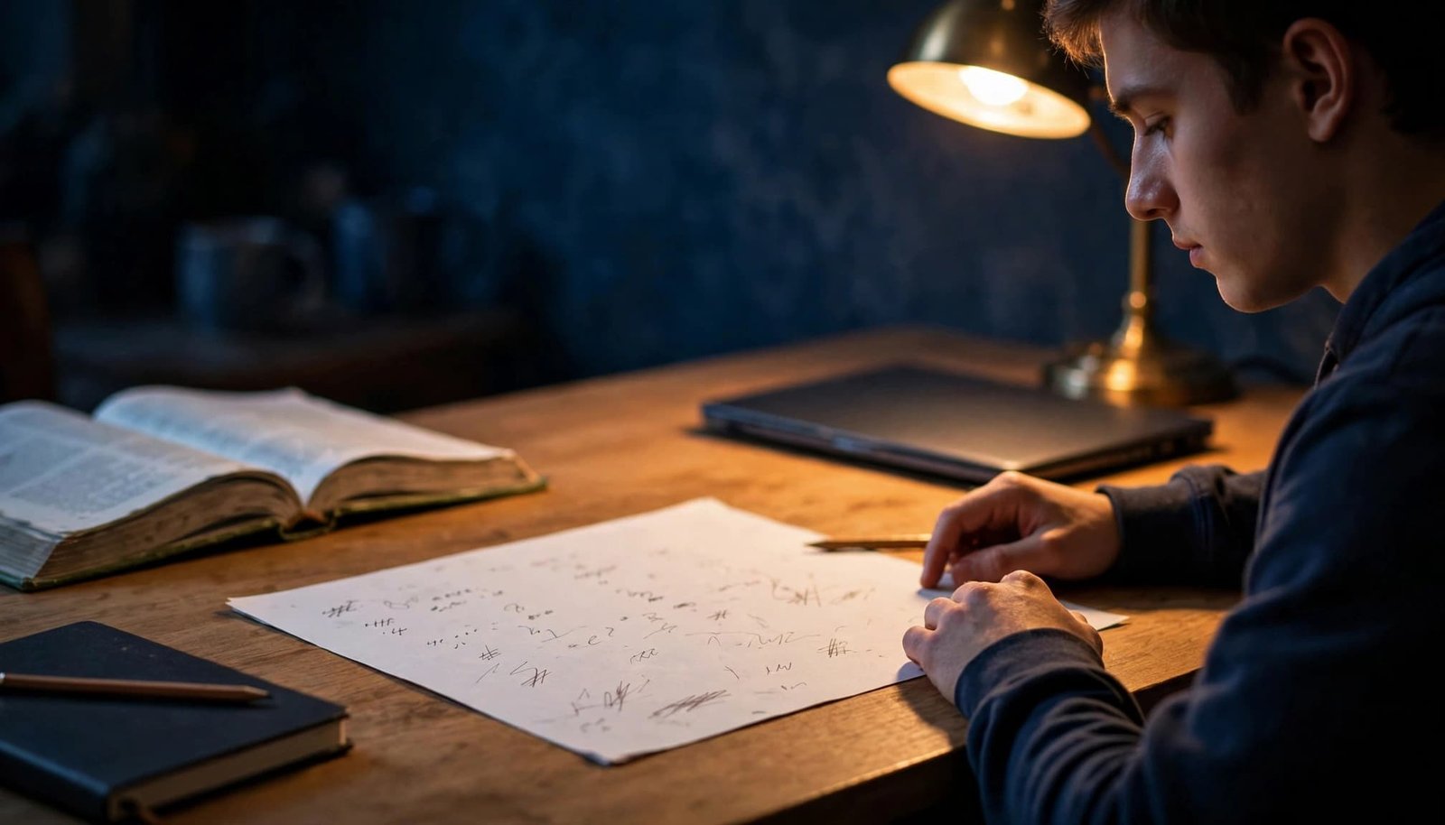 A student writes from memory beside an open textbook at a warmly lit desk.