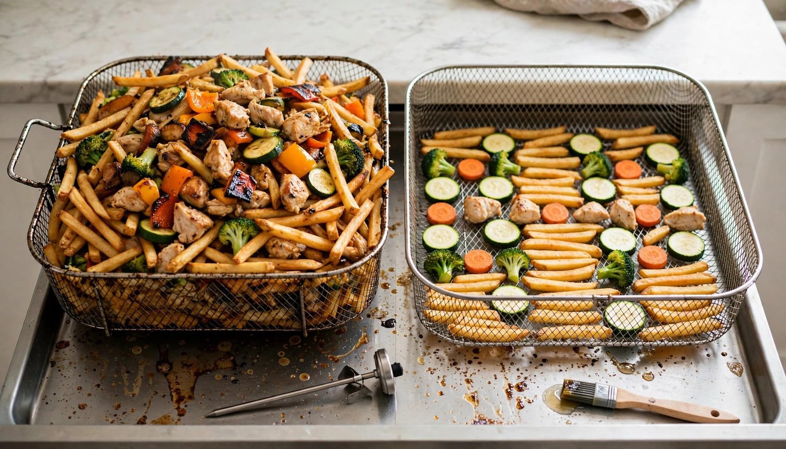 Two air fryer baskets compare crowded food with a properly spaced single layer.