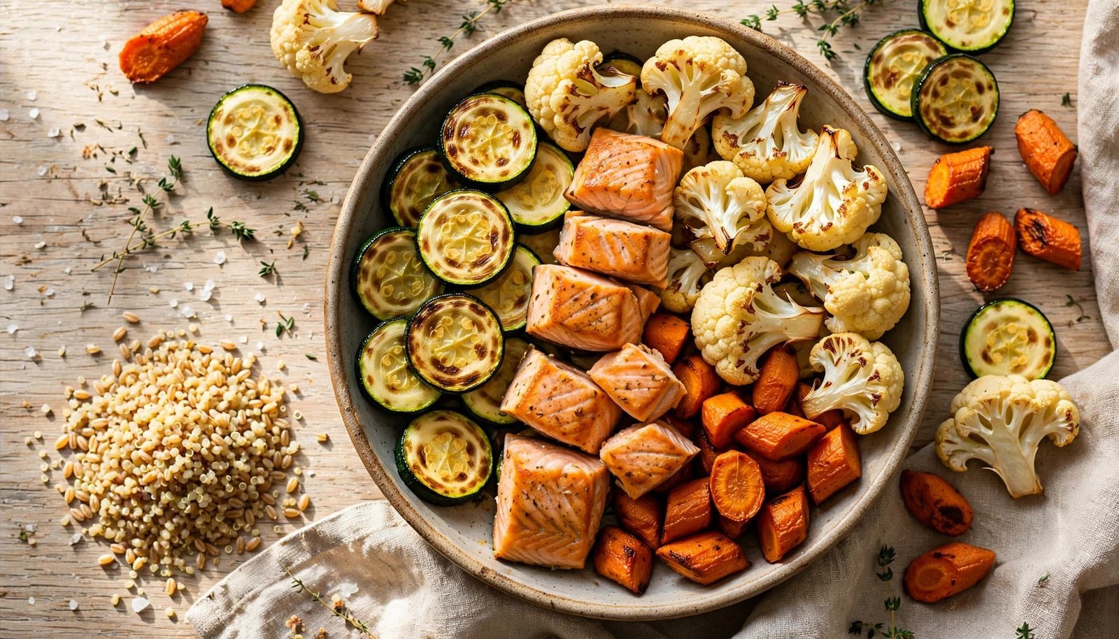 A bowl with salmon, roasted vegetables, zucchini, carrots, and whole grains.